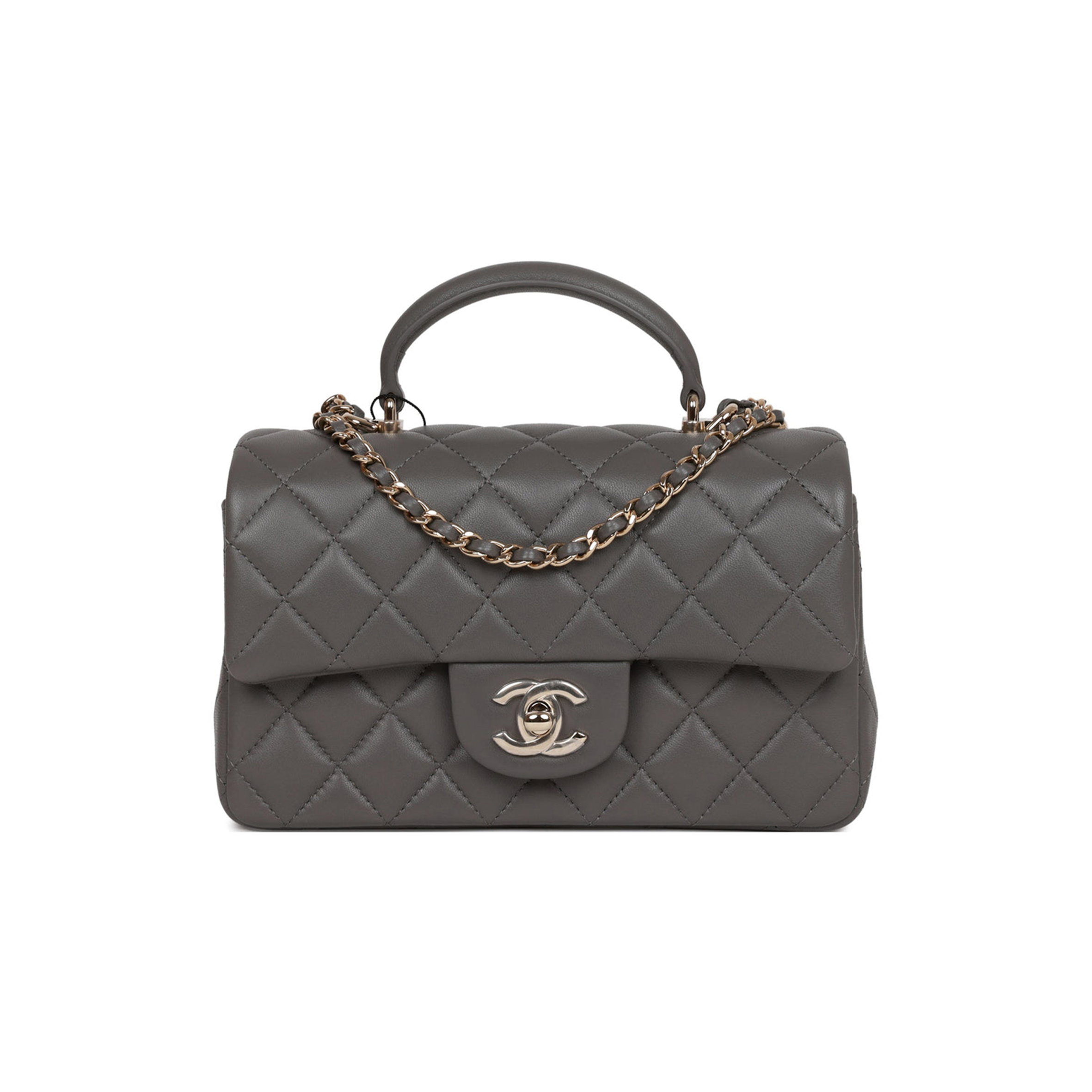 CHANEL MINI RECTANGULAR FLAP BAG WITH TOP HANDLE DARK GREY LAMBSKIN LIGHT GOLD HARDWARE (22*15*8cm) CHANEL MINI RECTANGULAR FLAP BAG WITH TOP HANDLE DARK GREY LAMBSKIN LIGHT GOLD HARDWARE (22*15*8cm)